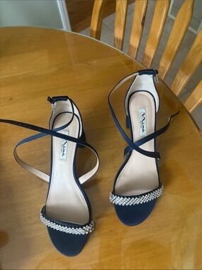Nina Navy Crystal-Strap Wrap Heels